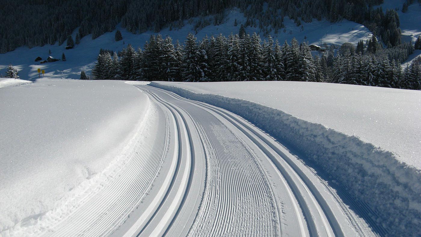 A freshly groomed cross-country ski trail in Val Gardena